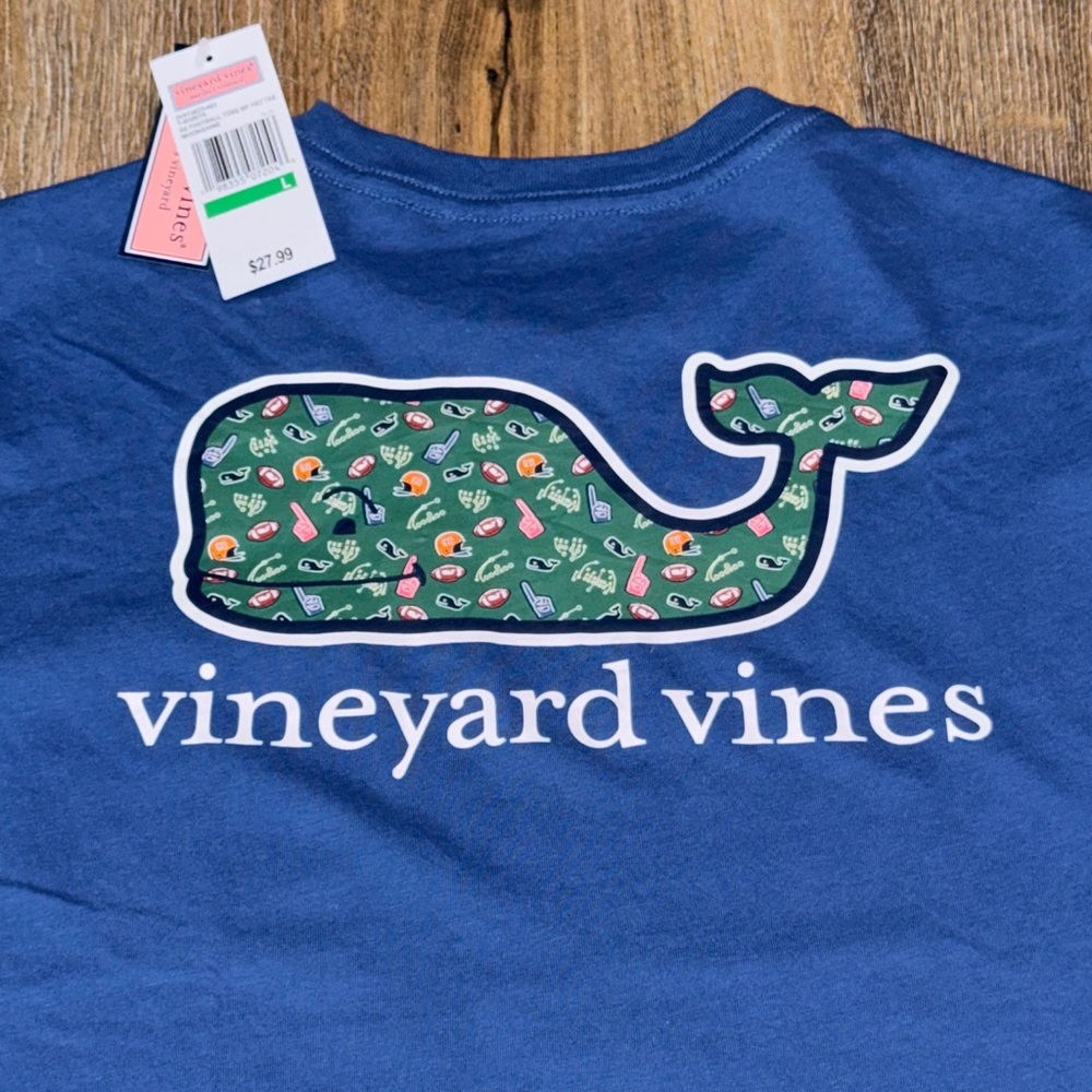 Vineyard Vines Navy Pocket Tee with Whale Football Graphic